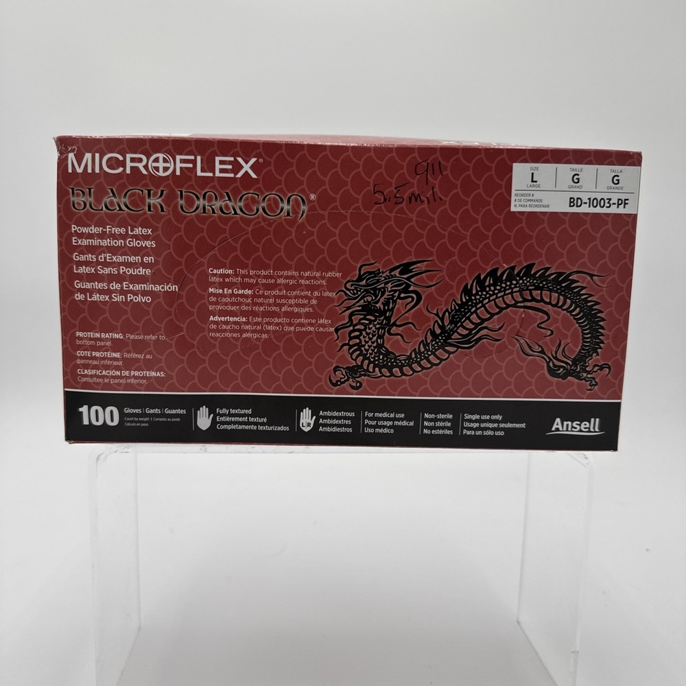 *100-Gloves Microflex Black Dragon PF Examination Latex BD-1003-PF, Size Large